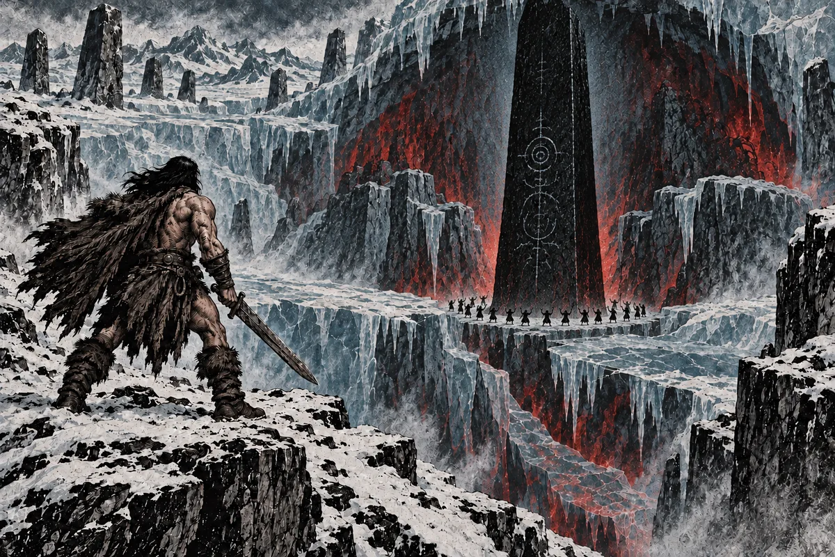 A barbarian watches tiny cultists dancing around a colossal black monolith amid glacial cliffs.
