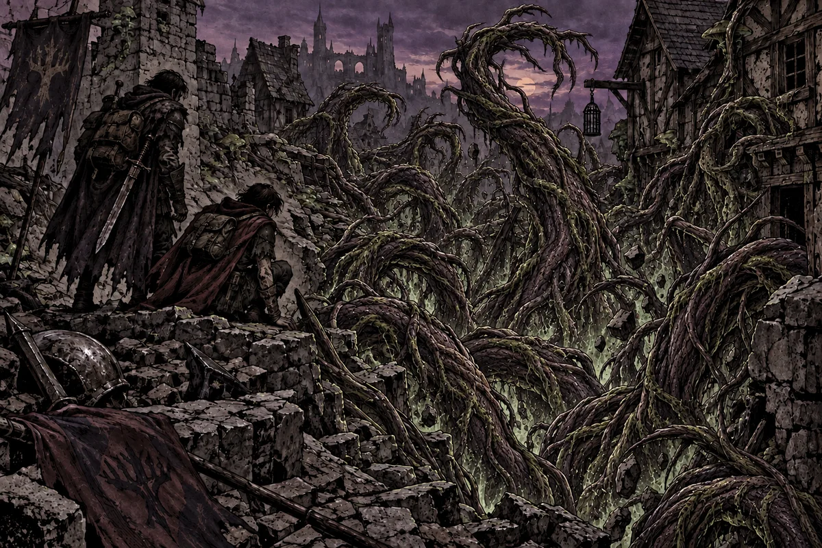 Giant branching rootlike tentacles grasp and writhe as they rise from a shattered street beneath Kaereth’s violet sky.